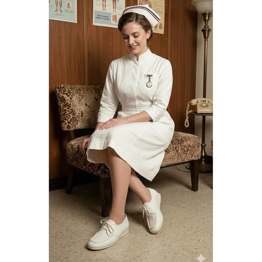 Vintage The Clinic Shoe White Leather Nursing Oxfords Lace Up US Made 11